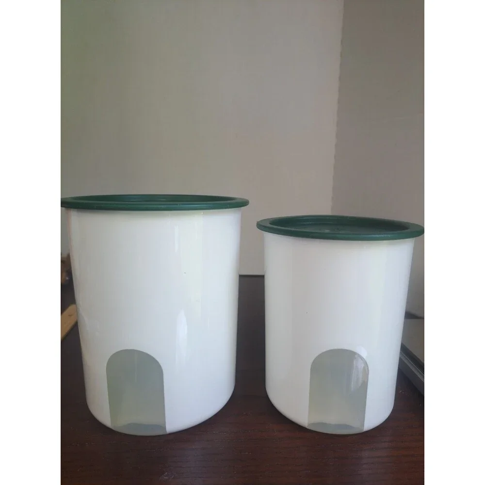 Vtg Set Of 2 Tupperware One Touch Cannisters With Veiwing Window White With...
